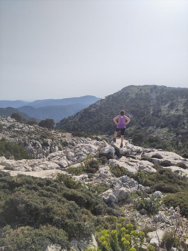 Gemma looking back to Valldemossa after reaching the top of the mountain